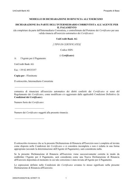 Dichiarazione di rinuncia all'esercizio - UniCredit