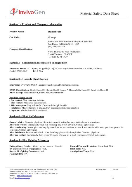 MSDS Rapamycin : 5 mg (tlrl-rap) - InvivoGen