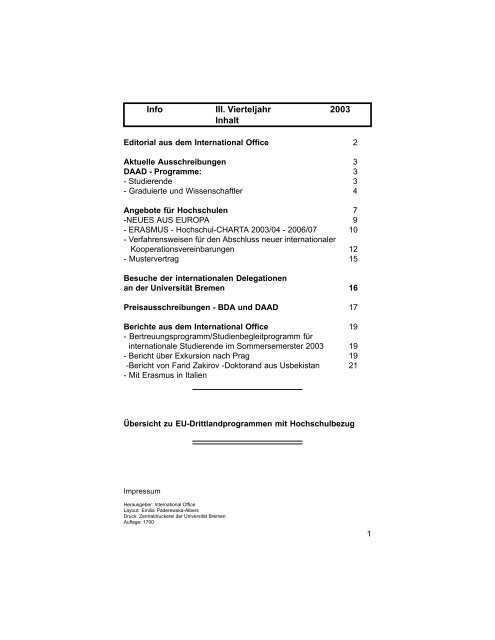 Info Iii Vierteljahr 2003 Inhalt International Office Universita T