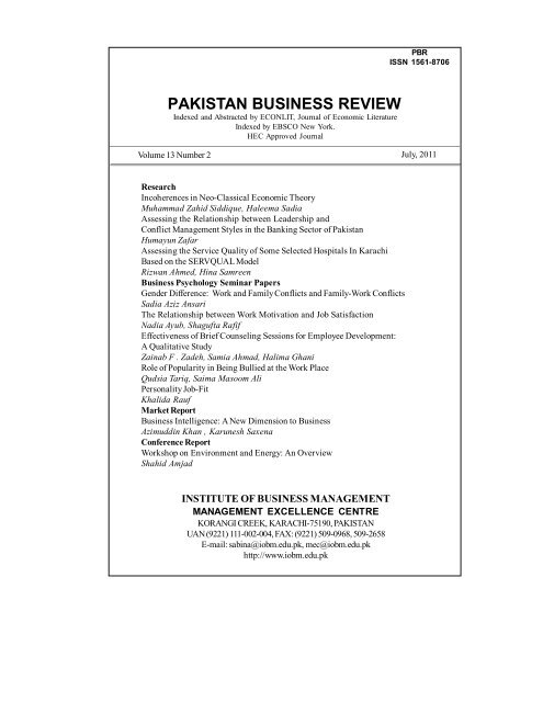 PAKISTAN BUSINESS REVIEW - Institute of Business Management