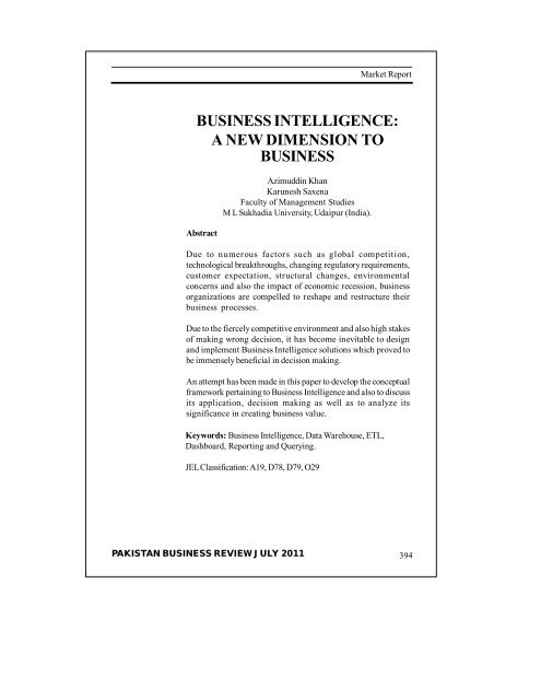PAKISTAN BUSINESS REVIEW - Institute of Business Management