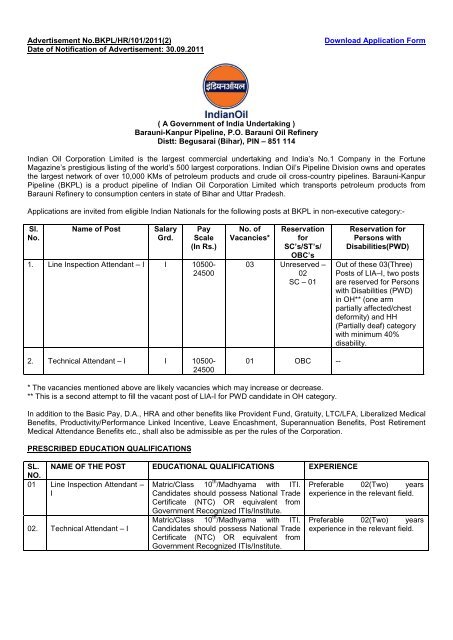 Advertisement No - Indian Oil Corporation Limited