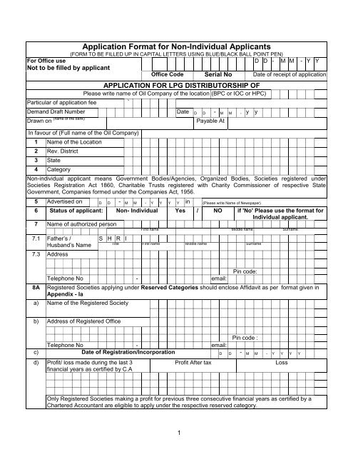 Application Format For Non-individual Applicants - Indian Oil 