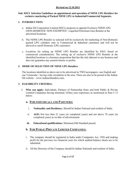 Ndne Lpg Retailer Policy Guidelines Indian Oil Corporation Limited
