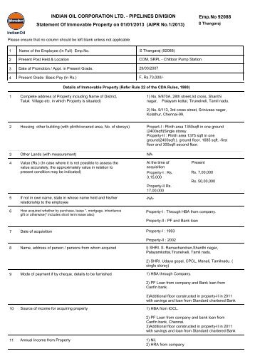 INDIAN OIL CORPORATION LTD. - PIPELINES DIVISION Statement ...