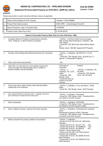 INDIAN OIL CORPORATION LTD. - PIPELINES DIVISION Statement ...