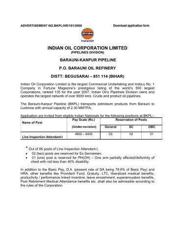 Requirement of Line Inspection Attendants at BKPL - Indian Oil ...