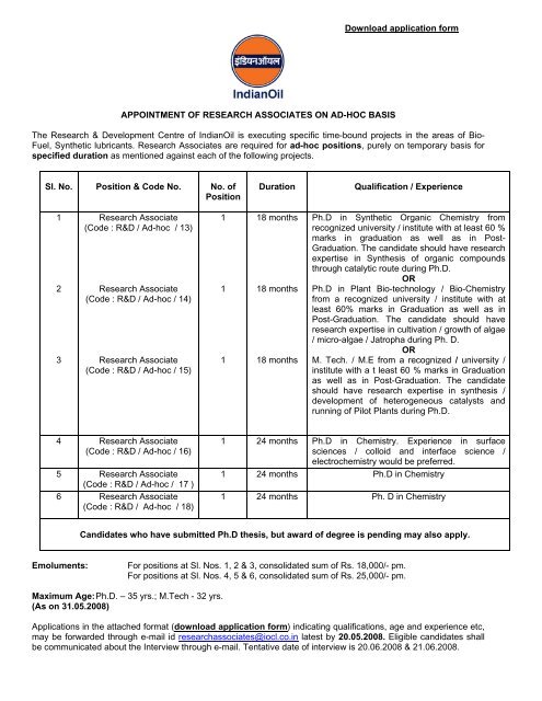 Recruitment Ad for appointment of Research Associates on ad-hoc 