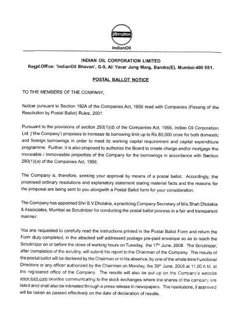 Postal Ballot Notice for increase in borrowing limits - Indian Oil ...