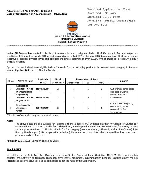 Opening for Non-Executive Positions in BKPL - Indian Oil ...