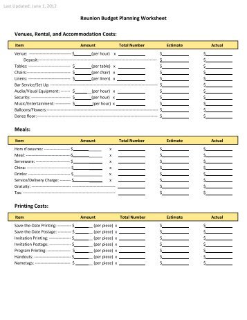 Reunion Budget Planning Worksheet Venues, Rental, and ...