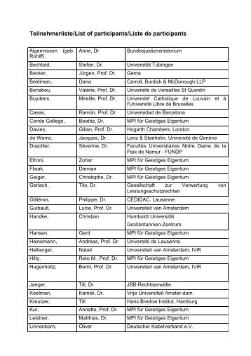 Teilnehmerliste/List of participants/Liste de participants