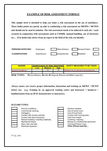 EXAMPLE OF RISK ASSESSMENT FORMAT - Ipaf