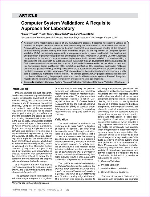 Computer System Validation: A Requisite Approach for Laboratory