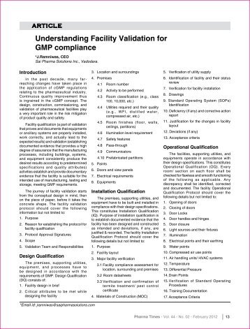 Understanding Facility Validation for GMP compliance - Indian ...