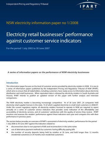 Electricity retail busineses performance against customer ... - IPART