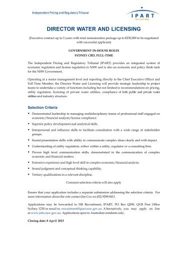 DIRECTOR WATER AND LICENSING - IPART - NSW Government