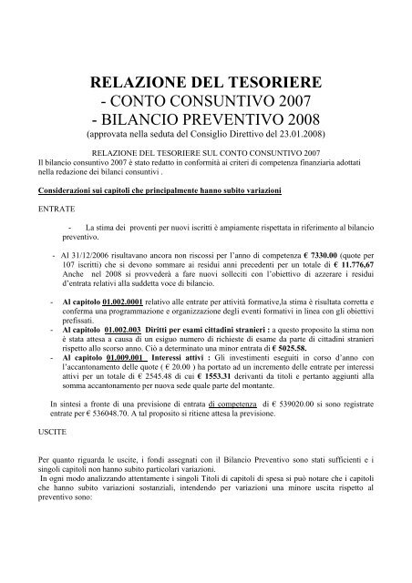 Relazione Tesoriere - Collegio IP.AS.VI. di Brescia