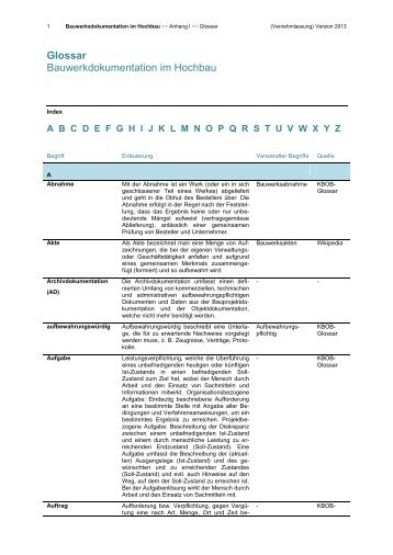 Glossar Bauwerkdokumentation im Hochbau