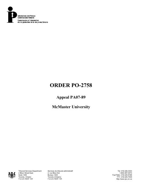 ORDER PO-2758 - Information and Privacy Commissioner of Ontario