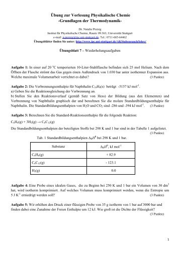 Ãbungsblatt 7 - Institut fÃ¼r Physikalische Chemie - UniversitÃ¤t Stuttgart