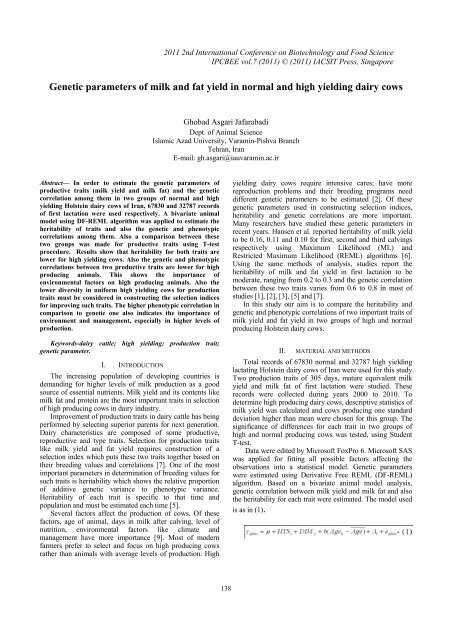 Genetic parameters of milk and fat yield in normal and high ... - ipcbee