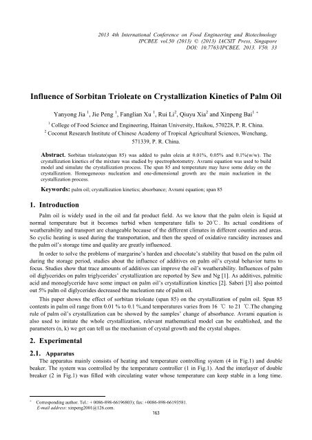 Influence Of Sorbitan Trioleate On Crystallization Kinetics Of Ipcbee Influence Of Sorbitan Trioleate On Crystallization Kinetics Of Ipcbee