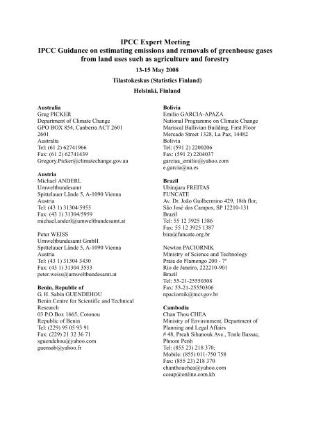 List Of Participants Ipcc Task Force On National Greenhouse Gas