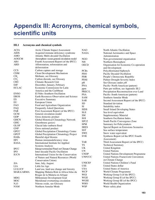 Appendix III: Acronyms, chemical symbols, scientific units - IPCC