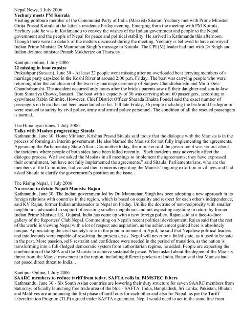 Nepal News 1 July 2006 Yechury Meets Pm Koirala Visiting