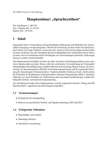 Hauptseminar:âSprachsyntheseâ - IPdS in Kiel