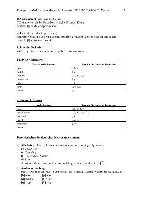 Arbeitsblatt 1: Transkription Konsonanten - IPdS in Kiel