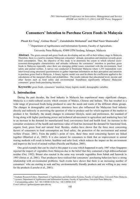 Consumers Intention To Purchase Green Foods In Malaysia Ipedr