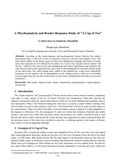 A Phychoanalysis And Reader Response Study Of Quot A Cup Of Ipedr A Phychoanalysis And Reader Response Study Of Quot A Cup Of Ipedr