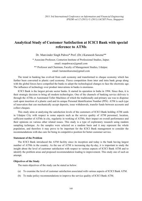 Analytical Study of Customer Satisfaction at ICICI Bank with ... - ipedr