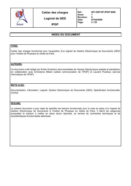 cahier des charges fonctionnel - Institut de Physique du Globe de ...