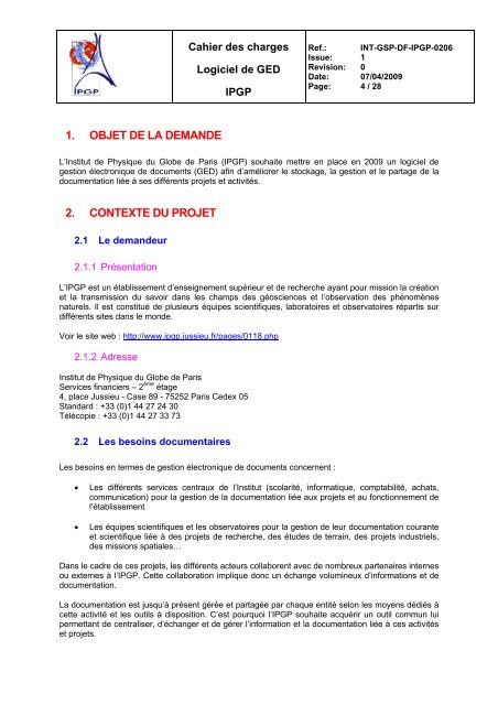 cahier des charges fonctionnel - Institut de Physique du Globe de ...