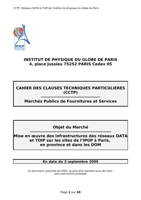 MARCHE PUBLIC DE FOURNITURES & SERVICES CAHIER DES CLAUSES TECHNIQUES ...