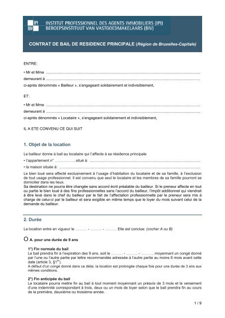 CONTRAT DE BAIL DE RESIDENCE PRINCIPALE (RÃ©gion de ... - BIV