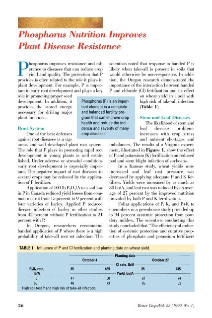 Phosphorus Nutrition Improves Plant Disease Resistance