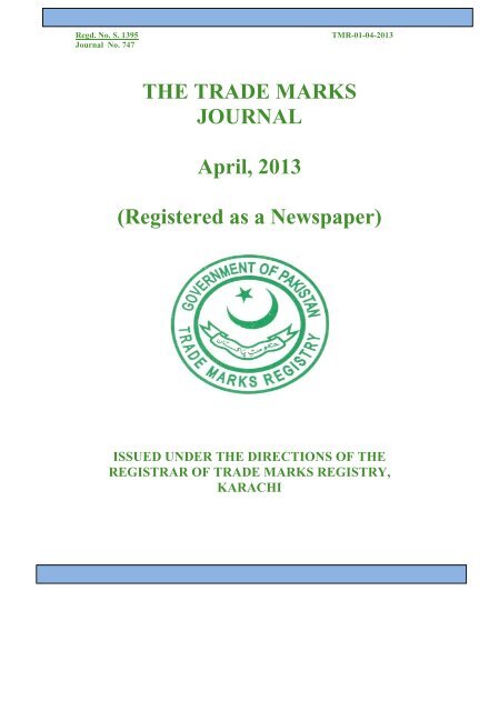 THE TRADE MARKS JOURNAL April, 2013  - IPO Pakistan