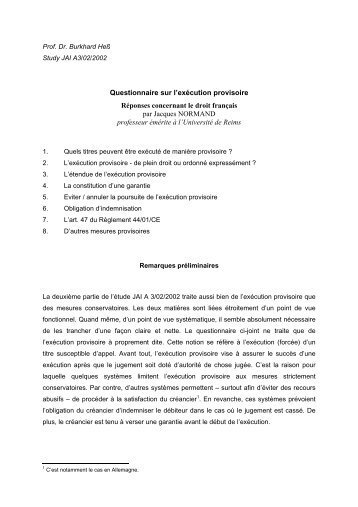 Questionnaire sur l'exÃ©cution provisoire RÃ©ponses concernant le ...