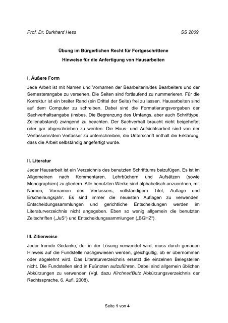 Hinweise zur Anfertigung von Hausarbeiten (Fallösungen) im