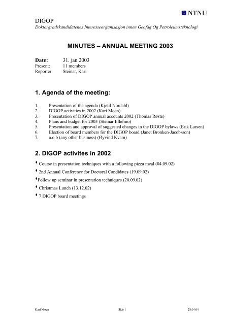 DIGOP MINUTES â ANNUAL MEETING 2003 1. Agenda of ... - NTNU