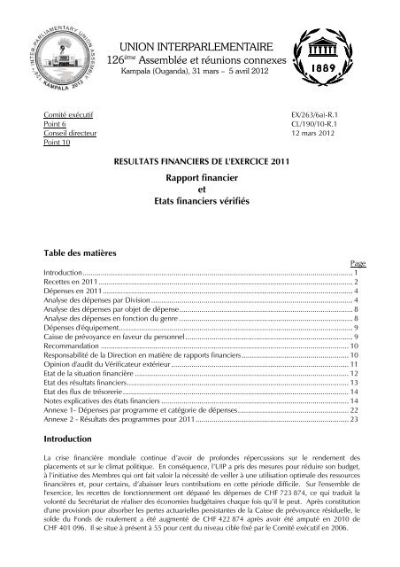 Rapport financier annuel et les Ã©tats financiers vÃ©rifiÃ©s pour 2011