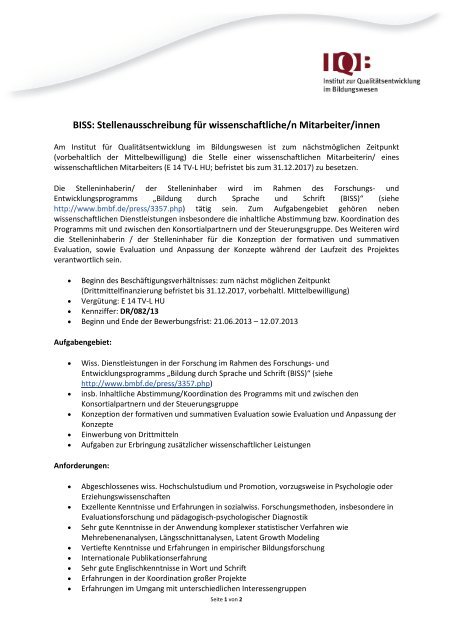 Stellenausschreibung im pdf-Format - IQB - Humboldt-UniversitÃ¤t zu ...