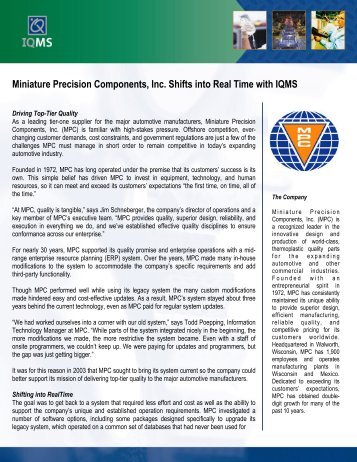 Miniature Precision Components, Inc. Shifts into Real Time with IQMS
