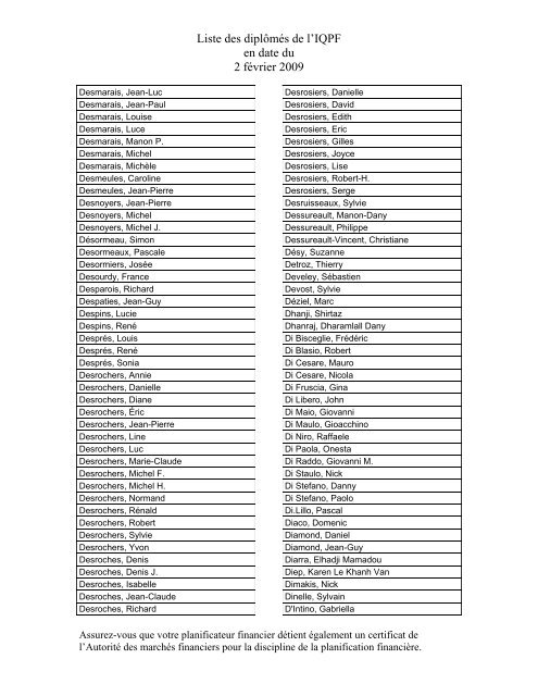 Liste des diplÃ´mÃ©s de l'IQPF en date du 2 fÃ©vrier 2009