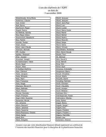 Liste des diplÃ´mÃ©s de l'IQPF en date du 3 novembre 2008