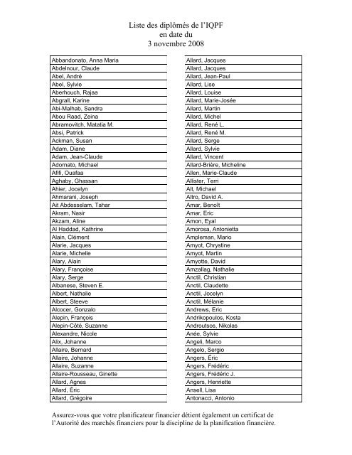 Liste des diplÃ´mÃ©s de l'IQPF en date du 3 novembre 2008